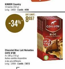 KINDER Country 15 barres (352) Lekg: 14603-L'unité: 4€94  -34%  SOIT L'UNITÉ:  8€67  Chocolat Bloc Lait Noisettes COTE D'OR  4x 180 g (720 g)  Autres variétés disponibles  à des prix différents  Lekg 