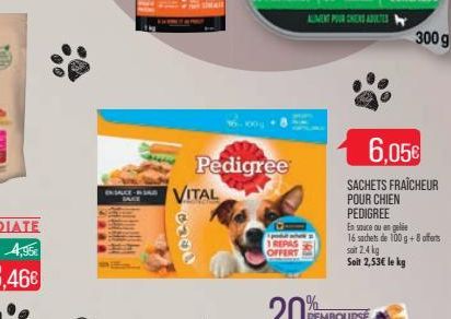 EN SAUCE  VITAL  Pedigree  potah s REPAS OFFERT  6,05€  SACHETS FRAÎCHEUR POUR CHIEN PEDIGREE  En sauce ou en gelée  16 sachets de 100 g +8 offerts soit 2.4 kg Soit 2,53€ le kg  300 g 