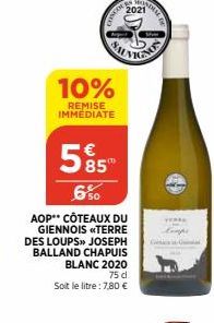 10%  REMISE IMMEDIATE  CONCO  2021  BLANC 2020  75 d Soit le litre: 7,80 €  585  6%  AOP** CÔTEAUX DU GIENNOIS TERRE DES LOUPS>> JOSEPH  BALLAND CHAPUIS 