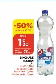 -50%  sur la 2  les 2  1/20  sole 050 limonade umonade  auchan  15l  les 2:1,20 €  au lieu de 1,60 € soit le litre : 0,40 € vendue seule: 0,80 € 