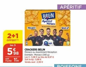 2+1  offert les 3  598  soit 199  l'unité  monaco  belin apéritif monaco  ✓  crackers belin  monaco ou assortiment réception exemple: monaco (340 g) les 3:5,98 € au lieu de 8,97 € soit le kg: 5,86 € v