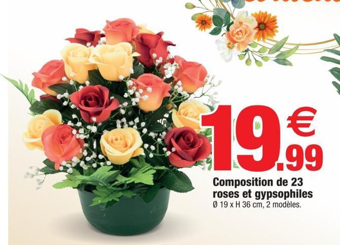 Composition de 23 roses et gypsophiles