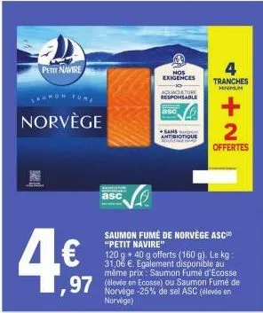 petit navire  umon fume  norvège  4€  asc  120 g +40 g offerts (160 g). le kg: 31,06 €. egalement disponible au même prix: saumon fumé d'ecosse  97 (élevée en ecosse) ou saumon fume de  saumon fumé de