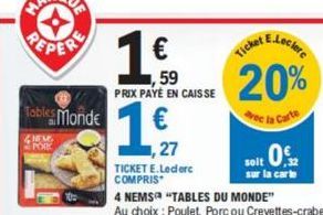 Tables Monde  NEMS POIK  ,59 PRIX PAYÉ EN CAISSE  1,91  27  TICKET E.Lederc COMPRIS  Ticket  20%  e la Carte  soit ,32  sur la carte  