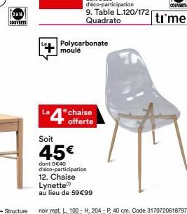 La  Polycarbonate moulé  e chaise offerte  Soit  45€  dont 0€40 d'éco-participation 12. Chaise Lynette  au lieu de 59€99 