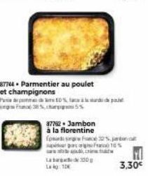 87744. Parmentier au poulet et champignons Pod 50% fac  La Lag 10  crist  200  87782.Jambon à la florentine  fpt sraw f32%  p pat 10%  3,30€ 