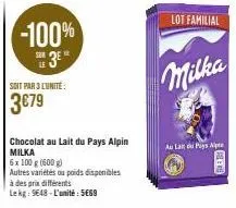 -100%  sur  soit par 3 l'unité:  3€79  chocolat au lait du pays alpin milka  6x 100 g (600g)  autres variétés ou poids disponibles  à des prix différents  le kg: 9648-l'unité: 5669  lot familial  milk