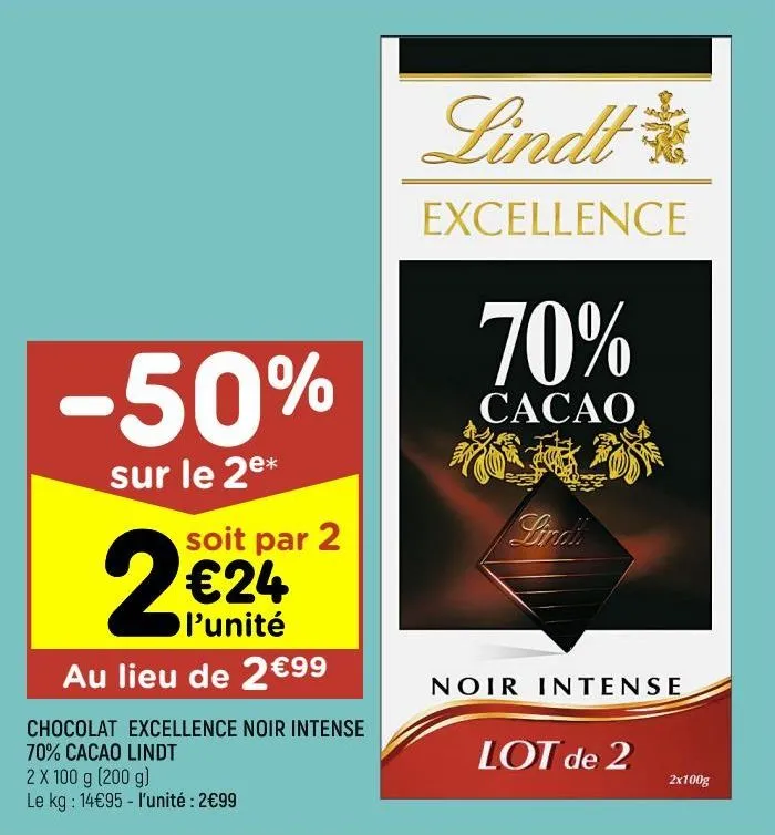 chocolat excellence noir intense 70% cacao lindt