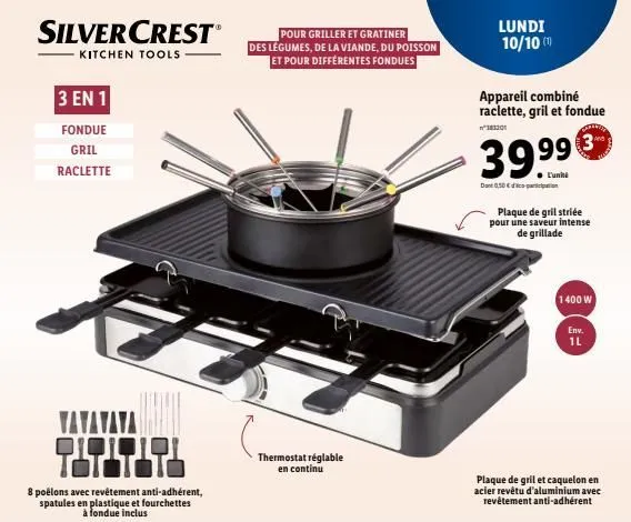 silvercrestⓡ  kitchen tools  3 en 1  fondue gril  raclette  f  tat  do tot  8 poêlons avec revêtement anti-adhérent, spatules en plastique et fourchettes à fondue inclus  pour griller et gratiner des 