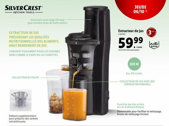 SILVERCREST  KITCHEN TOOLS  Ouverture extra large (75 mm) pour extraire le jus de fruits entiers  EXTRACTEUR DE JUS PRÉSERVANT LES QUALITÉS  NUTRITIONNELLES DES ALIMENTS HAUT RENDEMENT EN JUS  CONVIEN