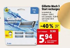 60x  Gillette MACHS  Gillette Mach 3 Start recharges  Le produit de  4 pieces: 9,90 € Les 2 produits: 15,84 € soit l'unité 7,92 €  -40%  LE PRODUIT 9.90  5.9  SUR LE  2⁰  LE PRODUCT ● IDENTIQUE 