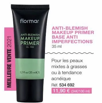 meilleure vente 2021  flormar  anti-blemish makeup primer  oil free  1.2 fl oz (35 mle)  35 ml  anti-blemish makeup primer  base anti imperfections  pour les peaux mixtes à grasses  ou à tendance  acn