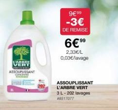 P  L'ARBRE  VERT  31.  ASSCUPUISSANT CONCENTRE  9€ 99 -3€  DE REMISE  6€9⁹9⁹  2,33€/L  0,03€/lavage  ASSOUPLISSANT L'ARBRE VERT 3 L-202 lavages #8517077 