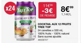 x24 treetop  cocktail aux 12 fruits  100% fruits  11€ ⁹⁹  -3€ 8€ 99  de remise  1,14€/l  cocktail aux 12 fruits tree top  24 canettes x 330 ml  100% fruits - 100% naturel sans sucres ajoutés  #8508707