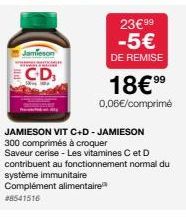 Jamieson  ECD,  23€99  -5€  DE REMISE  18€⁹9  0,06€/comprimé  JAMIESON VIT C+D - JAMIESON 300 comprimés à croquer Saveur cerise - Les vitamines C et D contribuent au fonctionnement normal du  système 