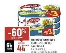 saupiquet sasheres  -60%  sur le 2  trait g'wille wate  soit par  6%9  conte 461 x 70 g (250 g)  saupiquet frets sardines twolfen  filets de sardines huile d'olive bio saupiquet  lot  lot  le kg: 3163
