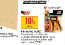 MOLLY  1990  LE KIT  Kit chevilles VALIBOX Pour matériaux creux. Comprend: 25 chevilles en métal 0 4 x 33 mm + vis, 15 chevilles en métal 05 x 36 mm + vis et 1 pince bi-matière (5350212). 