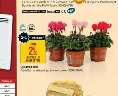 au lieu de  507€  687€  777€  2+1  (a)  l'unite  26 50  offert  le lot de 3:56 au lieu de 7650  cyclamen mini  pot de 10,5 cm. idéal pour jardinières et potées. (90001738940). 