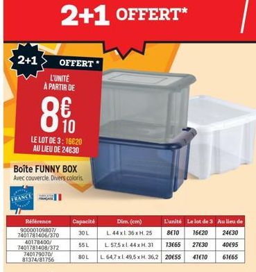 2+1  FRANCE  Boîte FUNNY BOX Avec couvercle. Divers coloris  Référence 90000109807/ 7401781406/370 40178400/ 7401781408/372 740179070/ 81374/81756  L'UNITÉ À PARTIR DE  10  LE LOT DE 3: 16620 AU LIEU 