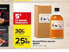 Gyara  5€  DE REMISE  IMMÉDIATE  30%  Le L:6198 €  2599  LeL:51.98€  AKASHI  あかし  AKASHI  おかし  Blended Whisky Japonais  AKASHI  40% vol, 50 dé 