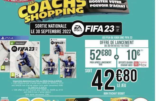 ps4  avantage  xock series x  fifa 23  sortie nationale  le 30 septembre 2022 sports  ix  theo  brus  fifa 23  disponible agalement sur ps5 ou xbox series & 60e36 + 10€ offerts en bon d'achat avec cma