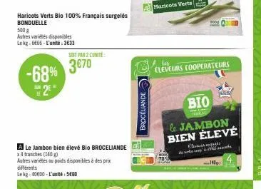 haricots verts bio 100% français surgelés bonduelle  500 g  autres variétés disponibles lekg: 6666 l'unité:3€33  -68% 370  r  le  soit par 2 l'unité:  2⁰  différents lekg: 40600-l'unité: sego  le jamb