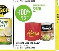 -100%  3⁰  LE  SOIT PAR 3 L'UNITÉ  2000  Flageolets Extra fins D'AUCY  2 x 530 g (1.06 kg) Le kg: 2683-L'unité: 3600  lot familial  d'aucy 