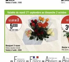 bouquet 3 roses 50cm, bouton 4,5cm vendu à l'unité : 2669  valable du mardi 27 septembre au dimanche 2 octobre  le lot de 3  5600  sout1067 lunite 