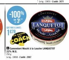 LE  -100%  SOIT PAR 3 LUNITE  1678  LE CHOIX DU  COACH  250 g  Le kg: 10E68 L'unité: 2€67  HINOORTOE MO  A Camembert Moulé à la Louche LANQUETOT  22% M.G.  CAMEMBERT  LANQUETOT  Moule  Louche 