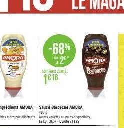 sapoonnere  amora  sayes  5  -68%  sur  2⁹  le  soit par 2 lumité:  1€16  saisoniere  sauce barbecue amora  490 g  autres variétés ou poids disponibles  le kg: 3657-l'unité: 1€75  amora barbecue  barc