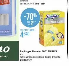 -70%  2e  soit par 2 lunite  4€40  swiffer  360 duster  recharges plumeau 360° swiffer x5 autres variétés disponibles à des prix différents l'unité : 6e77 