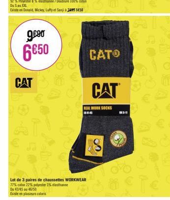 geod 6€50  CAT  OVO  Lot de 3 paires de chaussettes WORKWEAR  77% coton 22% polyester 1% elasthanne  Du 41/45 au 46/50  Existe en plusieurs coloris  CATⓇ  CAT  REAL WORK SOCKS 04-46  18  UKG-11 