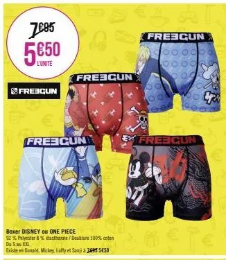 7005  5650  l'unité  frebgun  frescun  a  frescun  boxer disney ou one piece  92% polyester 8% elasthanne/doublure 100% coton du s au xxl  existe en donald, mickey, luffy et sanji 2685 seso  € bat  fr