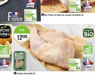 France  AB  AGRICULTURE BIOLOGIQUE  VOLAILLE FRANÇAISE  VOLAILLE FRANÇAISE  DENET  ANIMAL  LE KG  12€95  B Cuisses de poulet x2  HEVEAL Live  ANIMAL  BE THE ANIMAL  Mix Pilons et hauts de cuisses de p