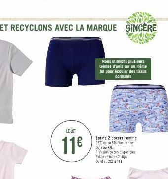 LE LOT  11€  Nous utilisons plusieurs teintes d'unis sur un même lot pour écouler des tissus dormants  Lot de 2 boxers homme 95% coton 5% elasthanne Du Sau XXL  Plusieurs coloris disponibles Existe en