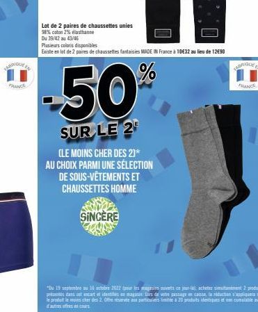 VARRIQUE E  FRANCE  Lot de 2 paires de chaussettes unies  98% coton 2% elasthanne  Du 39/42 au 43/46  -50%  SUR LE 2  Plusieurs coloris disponibles  Existe en lot de 2 paires de chaussettes fantaisies