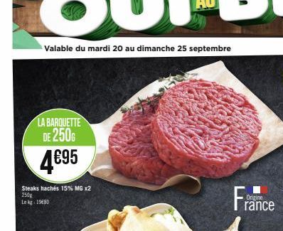 LA BARQUETTE DE 250G  4695  Steaks hachés 15% MG x2 250g Le kg: 1980  France 