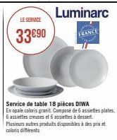Luminarc  LE SERVICE  33€90 FRANCE  Service de table 18 pièces DIWA  En opale coloris granit. Composé de 6 assiettes plates,  6 assiettes creuses et 6 assiettes à dessert. Plusieurs autres produits di