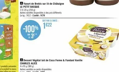 carabi  100% francais  yaourt de brebis sur lit de châtaigne  le petit basque  2 x 125 g (250 g)  autres variétés disponibles à des prix différents le kg: 7€12-l'unité: 1€78  -100% 3⁰"  sur  soit par 