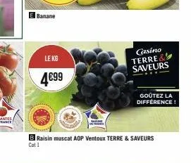 banane  lekg  4€99  casino terre& saveurs  b raisin muscat aop ventoux terre & saveurs cat 1  goûtez la différence! 