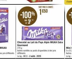 -100%  11  SOIT PAR 3 LUNITE:  1€50  Milka  Chocolat au Lait du Pays Alpin MILKA Extra Gourmand  270 g  Autres variétés ou poids disponibles à des prix différents  Le kg: 8€33-L'unité: 2€25 