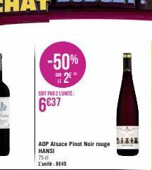 -50%  2  SOIT PAR 2 L'UNITÉ  6037  ADP Alsace Pinot Noir rouge HANSI  75cl  L'unité: 8€49  11848 