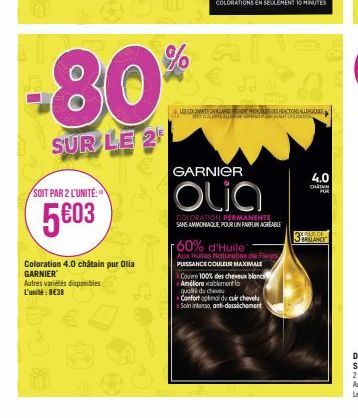 -80%  SUR LE 2  SOIT PAR 2 L'UNITÉ:  5€03  Coloration 4.0 châtain pur Olia GARNIER  Autres variétés disponibles L'unité: 8€38  JA  CLAROK FACTONG ALLERGIES  ISTERION  GARNIER  Olia  COLORATION PERMANE