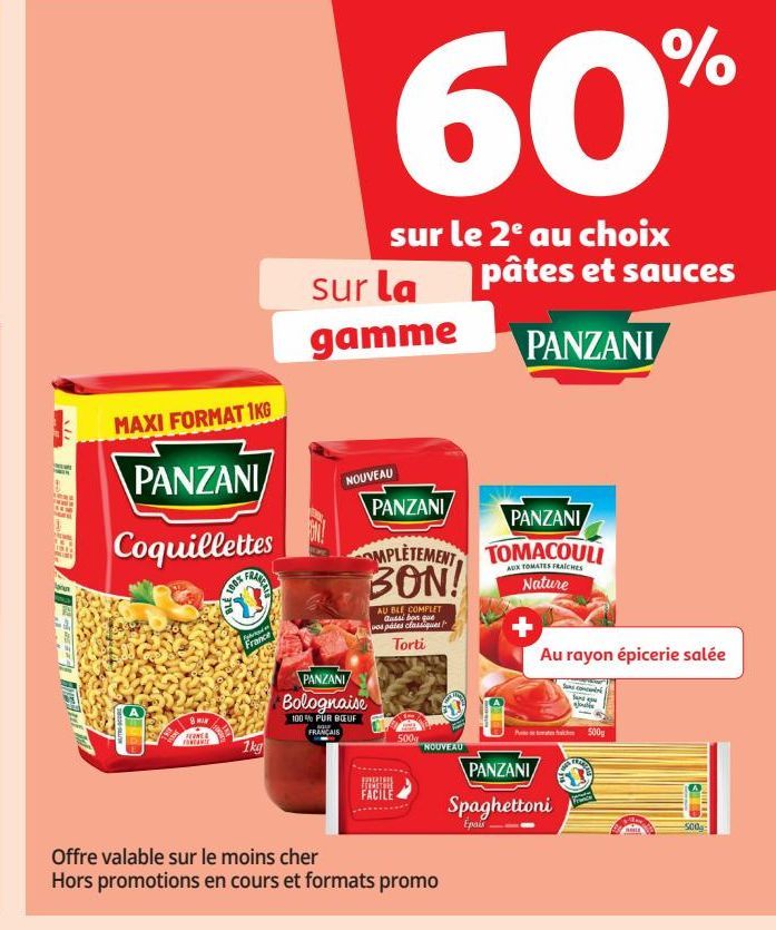 60% sur le 2e au choix  pâtes et sauces sur la gamme Panzani