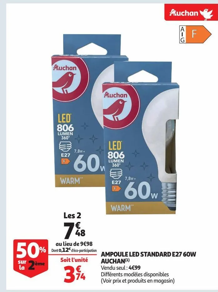  ampoule led standard e27 60w auchan