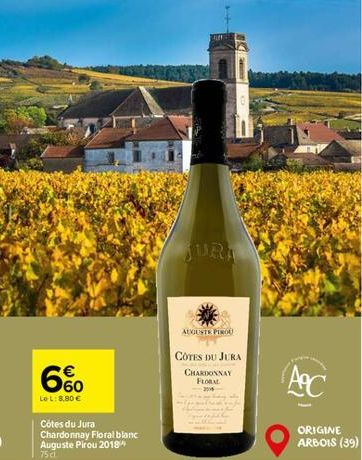 6%  Le L: 8,80 €  Côtes du Jura Chardonnay Floral blanc Auguste Pirou 2018  75 cl  Hur  AUGUSTE PIROU  COTES DU JURA  CHARDONNAY FLORAL 2016  AC  ORIGINE ARBOIS (39) 