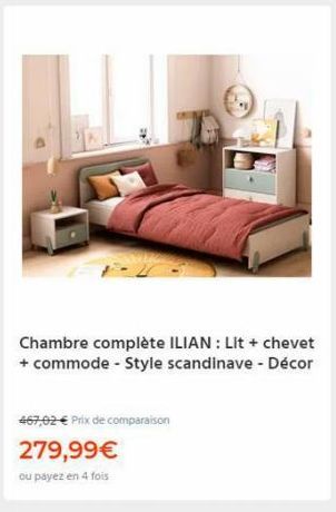 Chambre complète ILIAN: Lit + chevet + commode - Style scandinave - Décor  467,02 € Prix de comparaison  279,99€  ou payez en 4 fois 