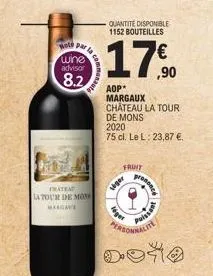 hot par la wine advisor  8.2  tead  la tour de mon malgae  lager  quantite disponible 1152 bouteilles  léger  aop*  margaux  château la tour  fruit  de mons 2020  75 cl. le l: 23,87 €.  ,90  prononce 