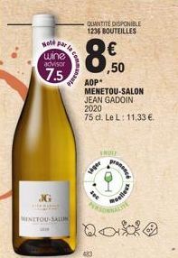 Hole par la wine advisor  7.5  la coma  JG  MINTTOU-SALON  comman  QUANTITE DISPONIBLE 1236 BOUTEILLES  AOP*  MENETOU-SALON  JEAN GADOIN 2020  75 cl. Le L: 11,33 €.  ,50  FRUIT  saper  Mellest  ALLITE