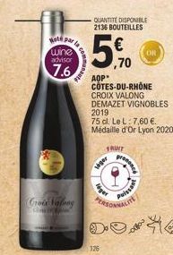 Hoté par wine  advisor  7.6  la comm  Croce Valong  Com  AOP*  126  viger  Heges  FRUIT  QUANTITÉ DISPONIBLE 2136 BOUTEILLES  ,70  PERSONNA  Puiss  CÔTES-DU-RHÔNE  CROIX VALONG DEMAZET VIGNOBLES 2019 